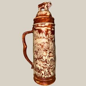 Vintage Buffalo Relief Stein — Brown & Ivory Western Hunting Scene Mug